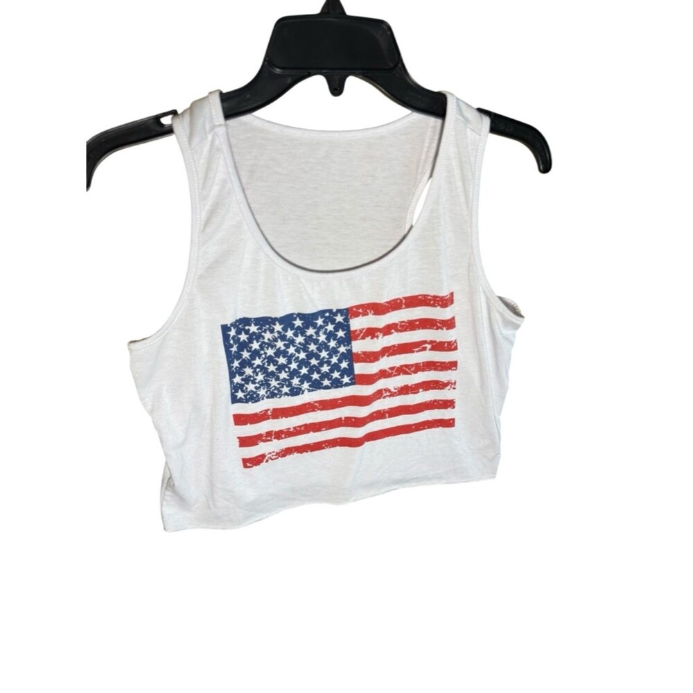 Women's American Flag Distressed Racerback Crop Tank Patriotic Top, Size L